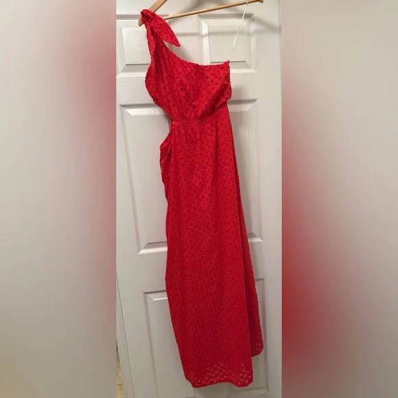 Show Me Your MuMu One Shoulder Strapless Red Eyelet Dress Size Medium Boho